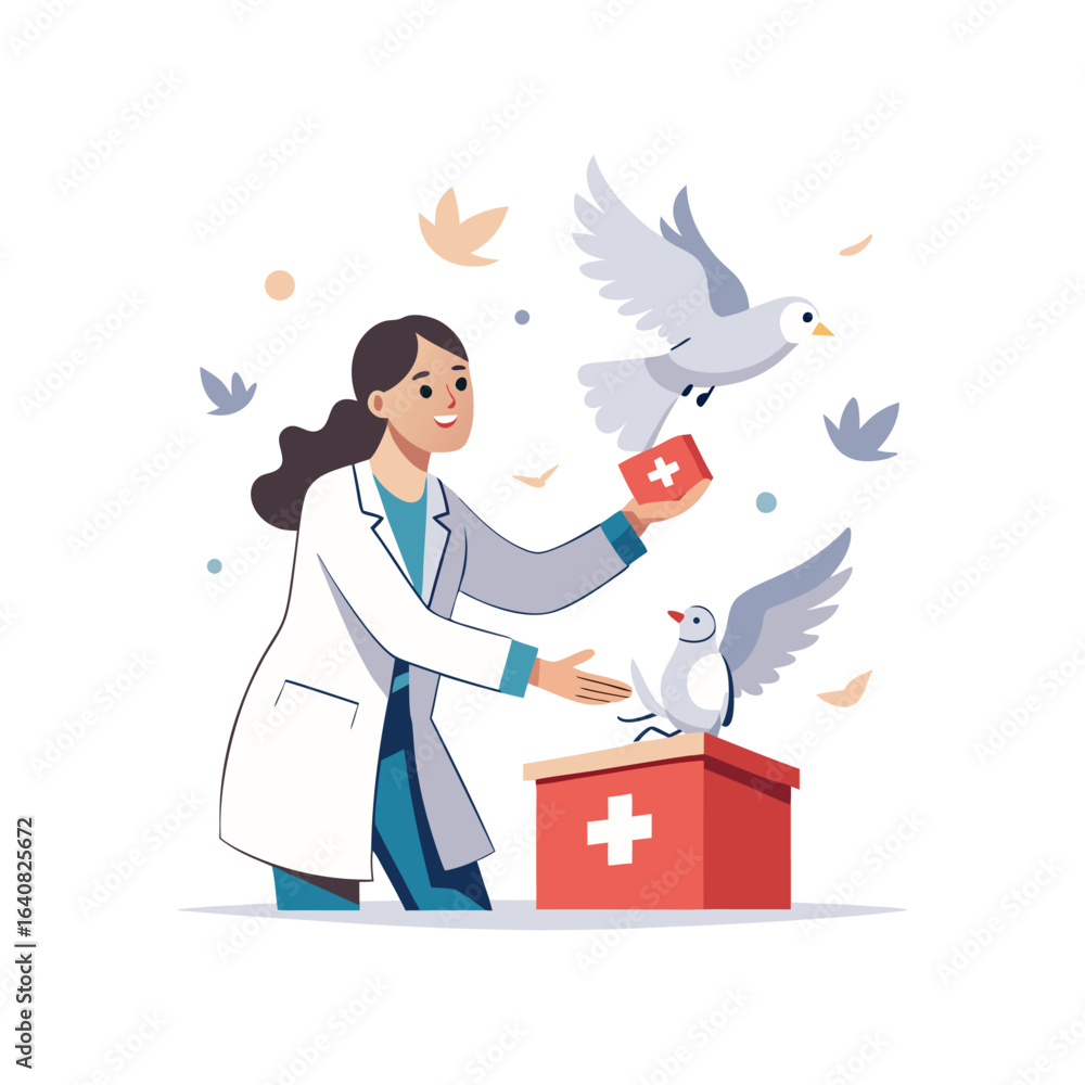 Female Doctor Releasing White Doves from Open First Aid Box – Symbol of ...