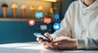 © Generative AI - Social Media Engagement Concept: Person Using Smartphone with Floating Icons and Ice Cream Shop