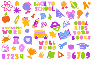 Naklejka na meble Colorful back to school icons set with books, bus, stationery, awards and education symbols in playful flat style, Back to School theme