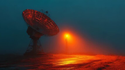 Canvas Print - large satellite dish receiving signals in the fog at night