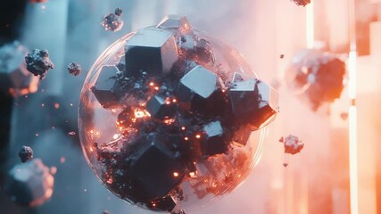 Wall Mural - metallic cubes exploding inside glass sphere in futuristic environment