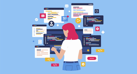 Focused Female Programmer Engaging with Multiple Coding Interfaces.