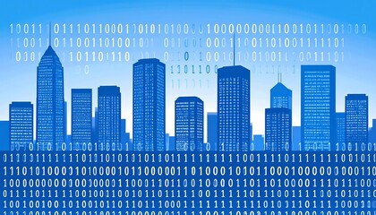 City skyline with binary code background
