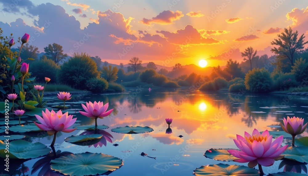 watercolor lotus pond and sunrise, indian legend Stock Photo | Adobe Stock