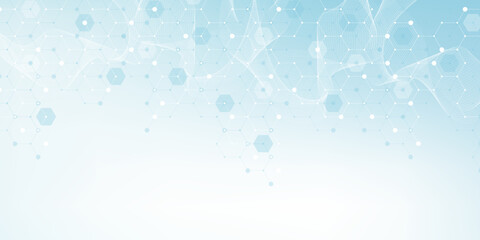 Wall Mural - Modern health care or medical background design. Health care innovation concept. Horizontal header web banner. Abstract geometric background with hexagon shapes for medicine, science, chemistry.