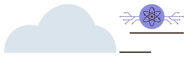 Cloud structure with atomic model wired into digital circuits, representing technology fusion, data storage, networking, and innovation. Ideal for cloud computing, connectivity, technology, science