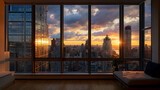 A breathtaking view from a high-rise apartment window overlooking a modern city skyline, glass skyscrapers reflecting the evening sunset, warm indoor lighting contrasts with the cool cityscape outside