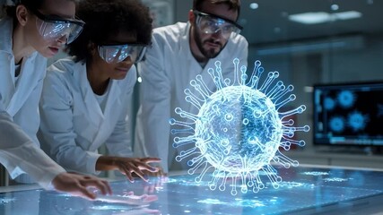 Scientists research a virus using a digital display in the lab