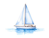 1-line description:
Elegant sailboat with blue and white sails on calm water in watercolor illustration on transparent background