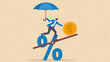 © Soyaeb - A businessman holding a protective umbrella balances a large gold coin on a seesaw made from a percentage symbol, illustrating financial risk.