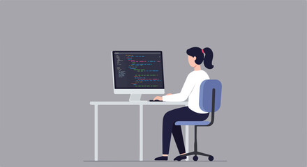 Woman coding at a desk looking at code on a monitor with a simple background