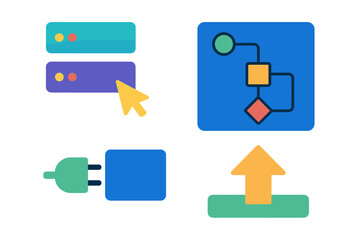 digital icons representing connectivity, user interface design, and data flow in a modern tech envir