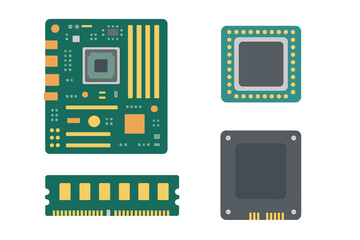 circuit board components and microchips arranged in a technical layout for electronics design and pr