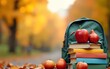 © lan - Back to school backpack, with fruits, books and fall foliage. High quality