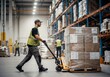 © Artem - Warehouse workers moving pallets of cardboard boxes with a hand pallet truck during a busy day in a distribution center