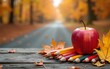 © cui - Autumn leaves, colored pencils, and an apple on a rustic wooden table, symbolizing back-to-school season. Ideal for education and seasonal themes. Concept of fall and learning. High quality