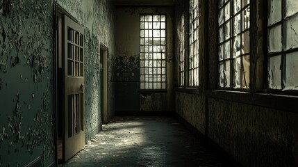  Decayed hallway in an abandoned building. Sunlight streams through broken windows