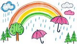 Childlike crayon drawing of rainbow, clouds, rain, umbrellas, and forest elements on a white background,  image,  pastel