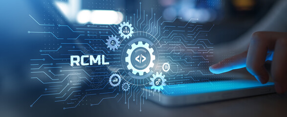 rcml software development interface with programming code gear and touch interaction display.