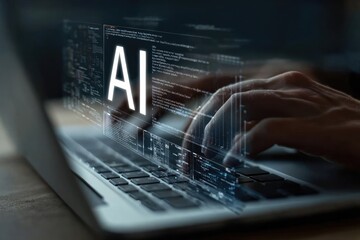 Hands typing on a laptop, AI displayed on screen