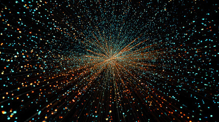 Wall Mural - abstract background with blue and orange glittering particles radiating from a central point creatin