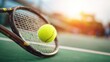© Generative AI - Tennis Ball and Racket on Court Surface at Sunrise, Close-Up Professional Sports Photography