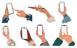 © Creative_Juice_Art - Set of different Female and male Hands holding mobile phone. Fingers touching, scrolling smartphone screen, using applications. Empty screen, phone mockup. Flat vector illustration isolated