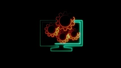 Neon computer monitor with orange gears displaying system settings for technology and design