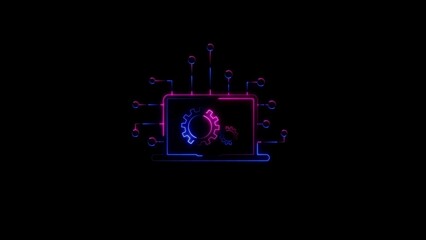 Neon glowing laptop illustration with gear icons representing technological processing