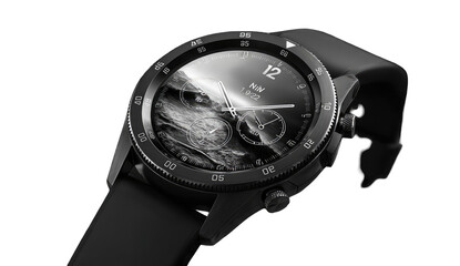 Sleek black smartwatch with a monochrome photo display