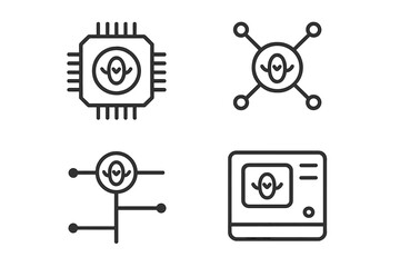 icons representing technology and digital systems with a symbolic character displayed in various for