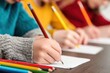 © oksa_studio - Little pupils engaging in writing on sheets of paper with colorful pencils during an interactive class in a vibrant school environment