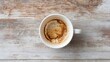 © Generative AI - Empty Coffee Cup Viewed From Above on Wood Plank Surface Shows Coffee Stain Residue