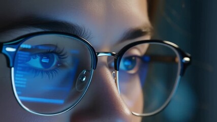 Female Eyes Reflecting Digital Data on Screen, Focused on Blue Light Technology