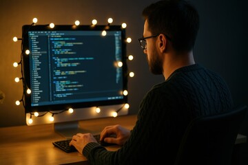 a programmer working late at night, surrounded by a warm glow from string lights, immersed in coding
