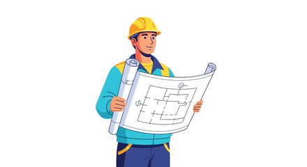 an architect in a yellow hard hat studies the architectural plan details