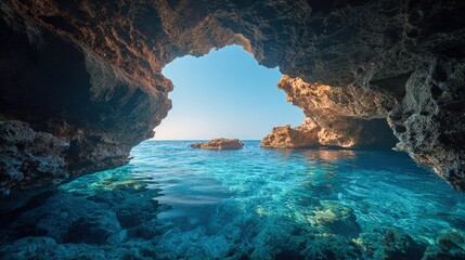 Wall Mural - Cave Opening to Turquoise Ocean: A Serene Seascape with Rocks and Crystal Clear Water