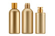 © MdMajnur - Set of golden cosmetic bottles with no label, isolated on a white background
