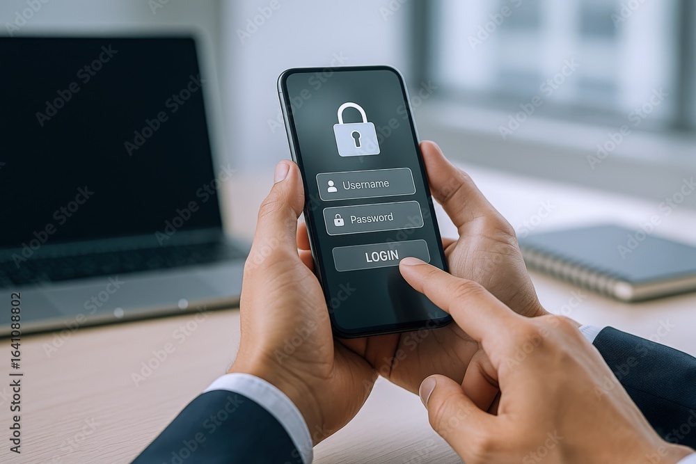 Smartphone Security: Man Logging Into App with Password Protection on ...