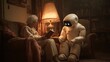 © zuriya - Intimate moment in a cozy home where a humanoid AI robot sits beside an elderly person with a book. Warm lamp lighting