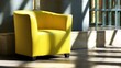 © nan - A yellow leather armchair with low black legs positioned in front of an architectural opening featuring large green-fram