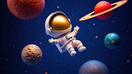 Wall Mural - cartoon astronaut floating in space with arms opened surrounded by colorful planets, stars and nebul