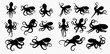 © Adji - A collection of stylized black octopus silhouettes in various dynamic poses against a transparent background.