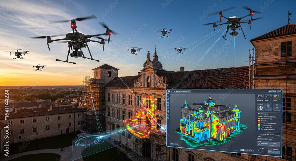 Swarm of autonomous drones performing a 3D scan of a historic building ...
