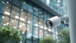 © Selvi - A close-up view showcases a security camera mounted on a pole, positioned to monitor the exterior of a modern building with reflective glass , ensuring safety and surveillance.