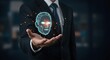 © alvi - A businessman in a suit holds a glowing, futuristic AI head hologram in his open palm, symbolizing artificial intelligence in business.