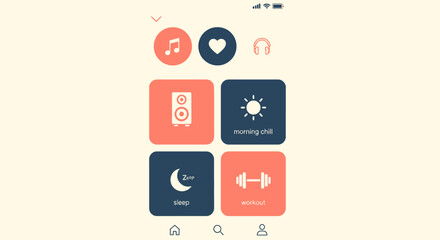 A mobile phone screen displays a music app interface with icons for music, favorites, speaker, sun, moon, and workout.