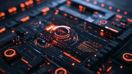 Futuristic interface showing rotating circular element and glowing lines