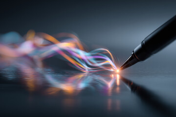 Wall Mural - fountain pen tip creating colorful glowing light trails on reflective surface symbolizing creativity