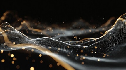 Abstract futuristic data visualization with glowing digital particles and wireframe network on dark background, high tech sci-fi concept of global connections, data transfer and advanced technology.